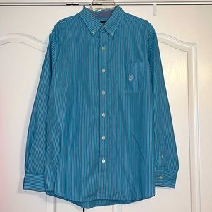 CHAPS Easy Care Aqua Blue & White Striped Long Sleeve Button Down Shirt